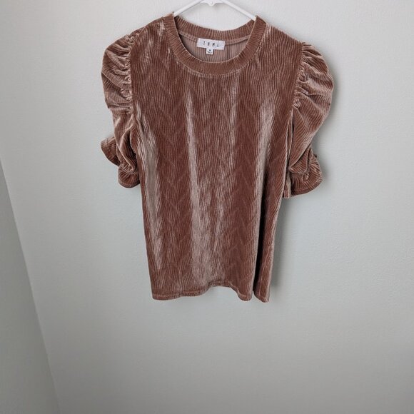 THML Women's Puffed Sleeve / Ruffled Arm Light Brown Velvet Top, Medium - Picture 2 of 4
